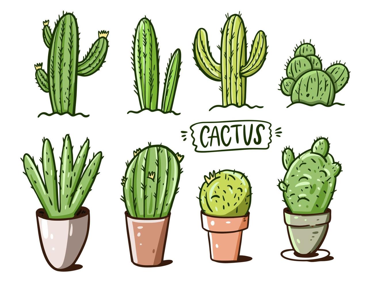 Different doodle cactus set in pot. Vector illustration isolated on white background.