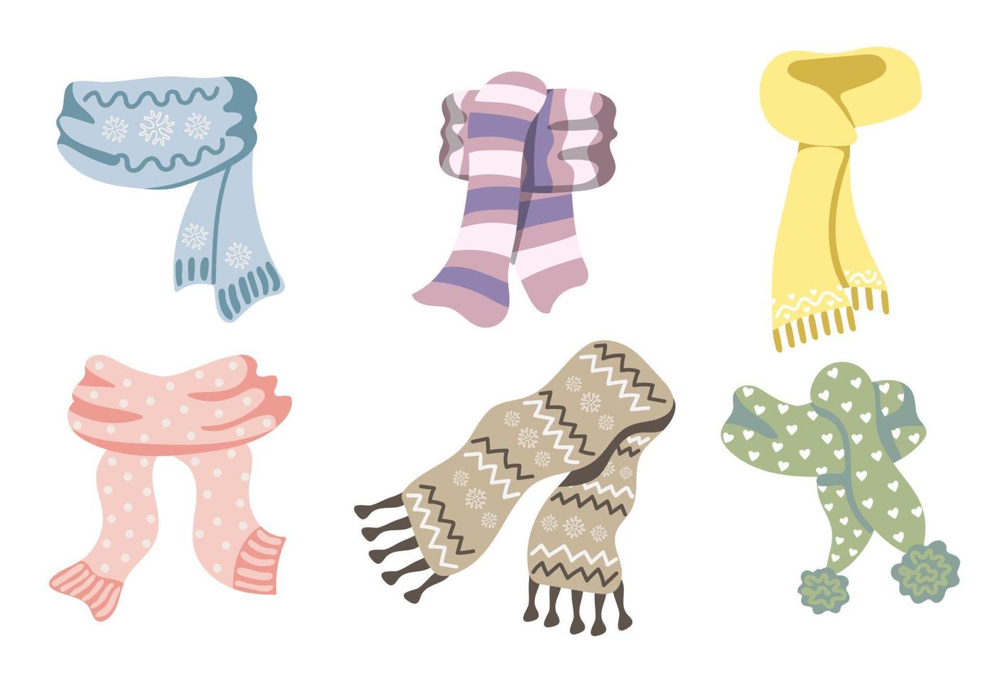 Colorful knitted winter scarves set. Cute hand drawn elements for winter design vector