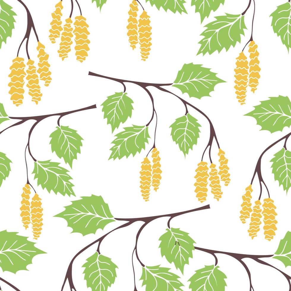 Seamless pattern with birch leaves and twigs on white background vector