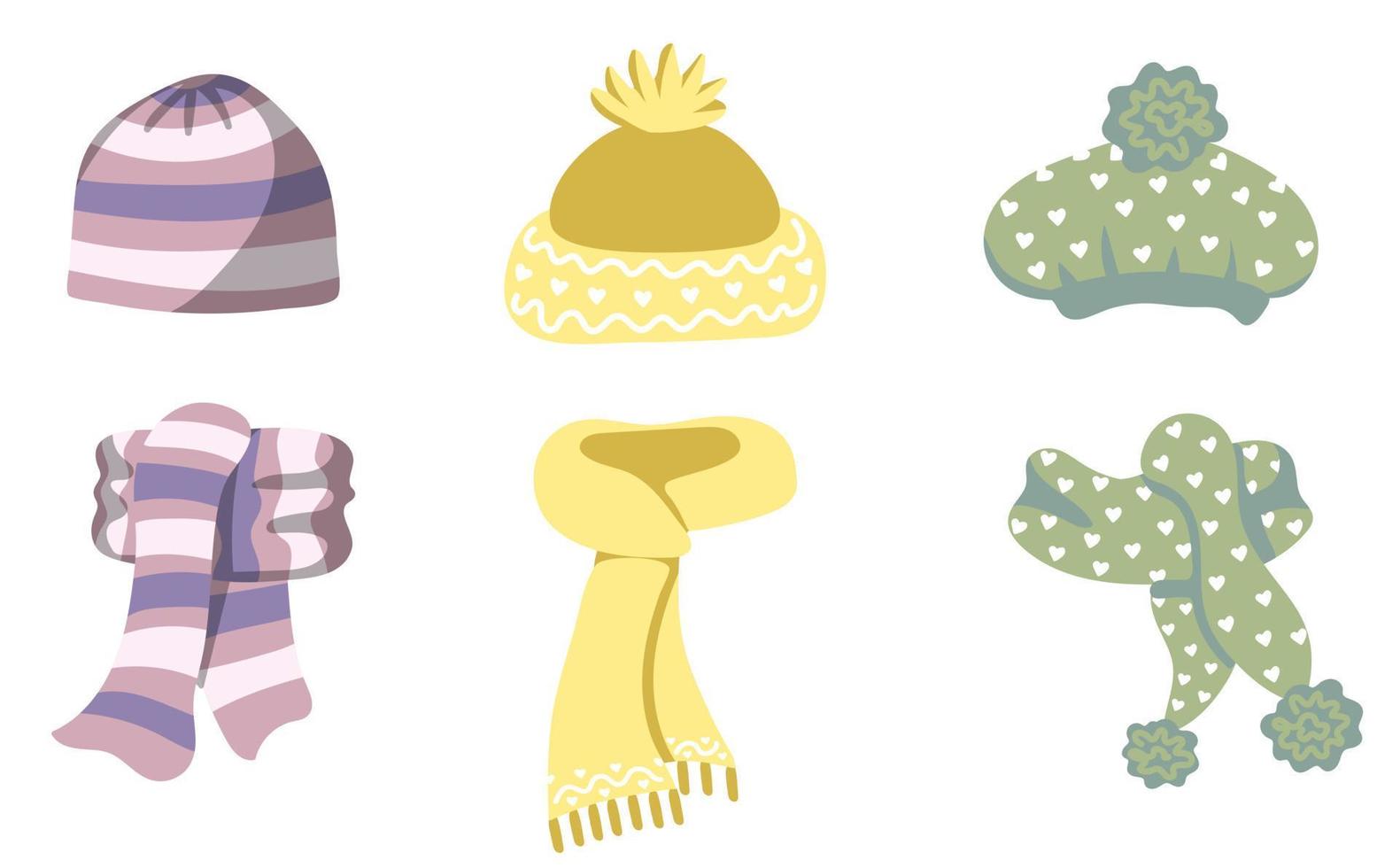 Winter knitted scarves and hats, traditional winter set. Warm clothes vector