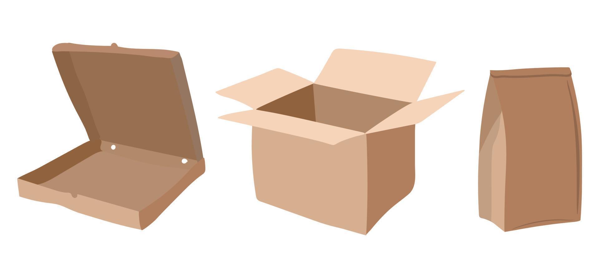 Set of paper packages. Box, pizza packaging, paper bag vector