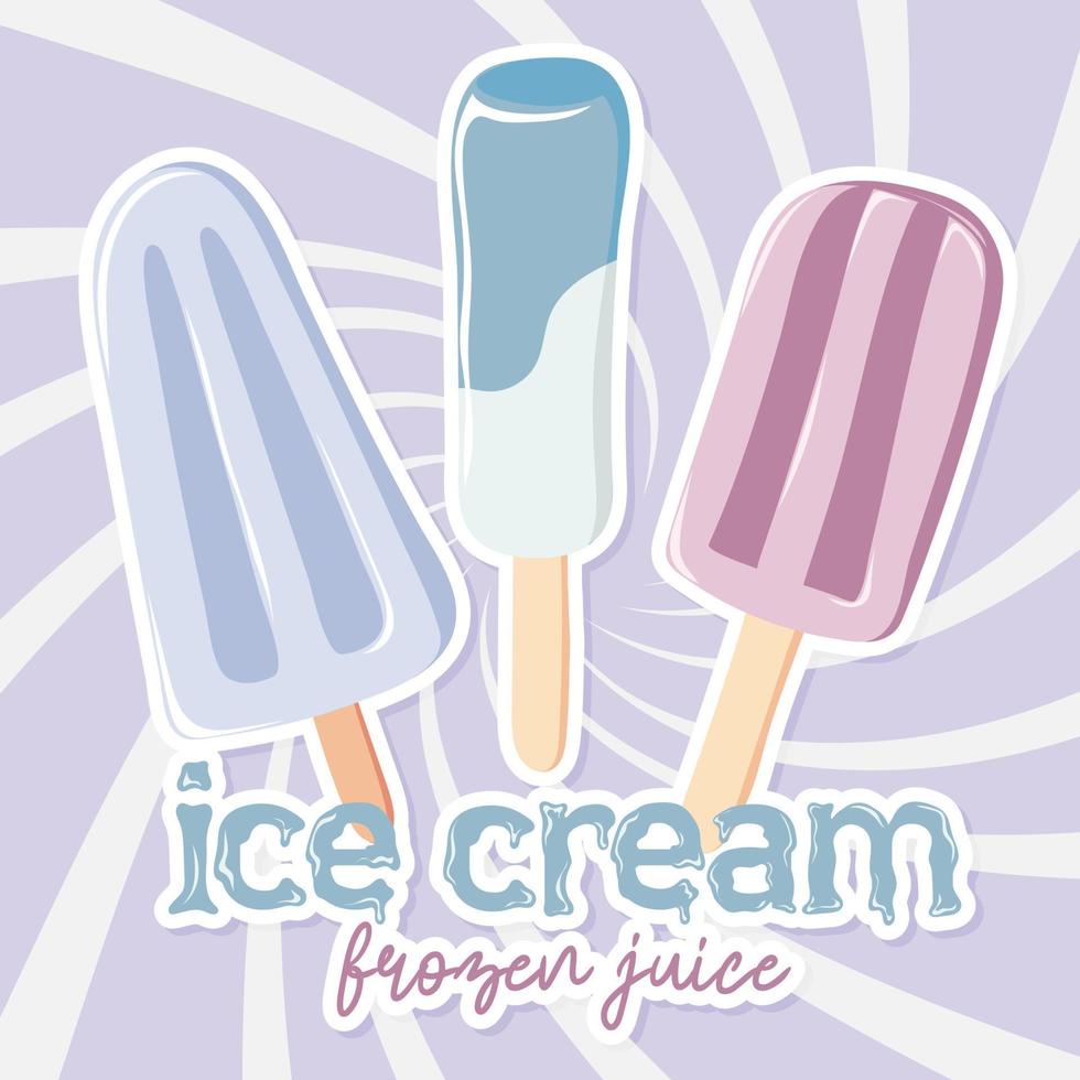 Ice cream frozen juice sticker on swirl retro background vector