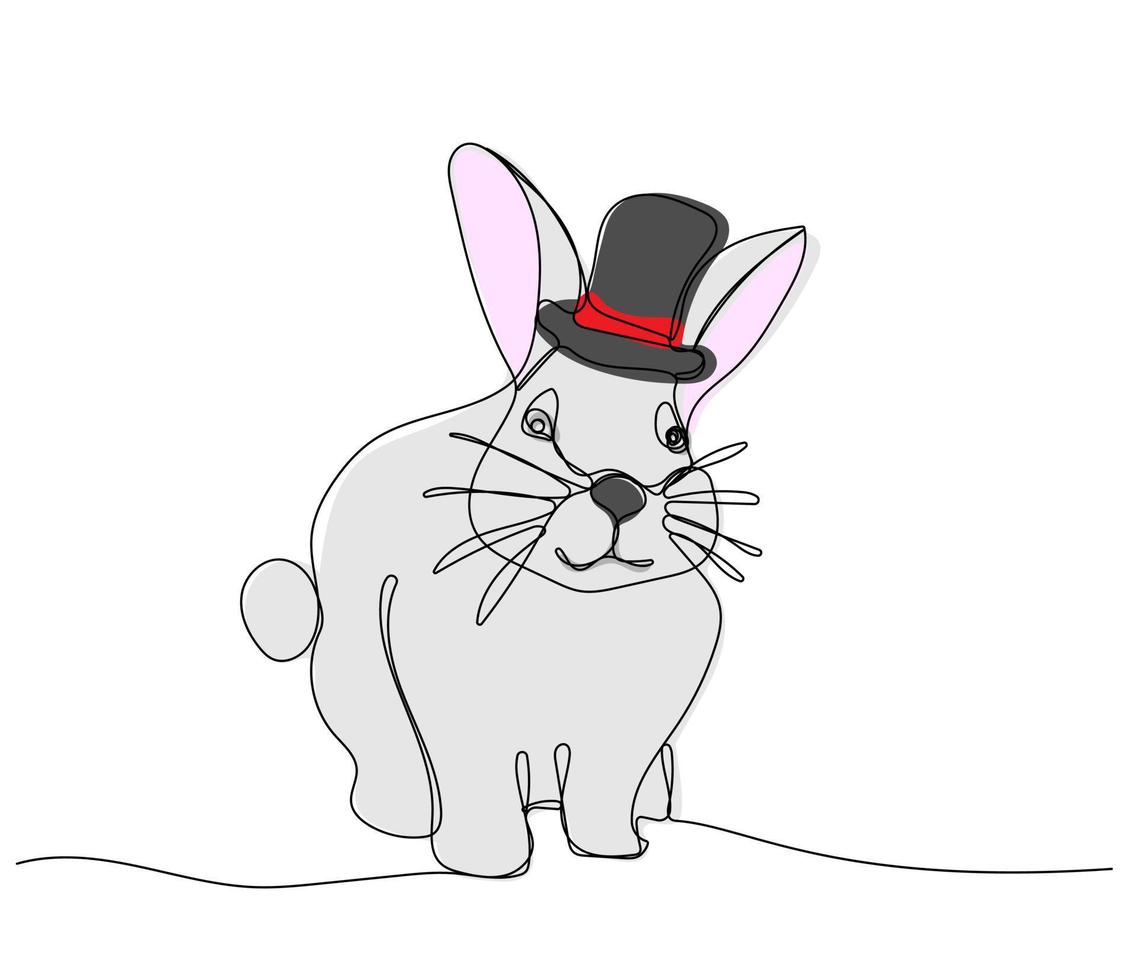 Continuous one line drawing of rabbit with hat vector