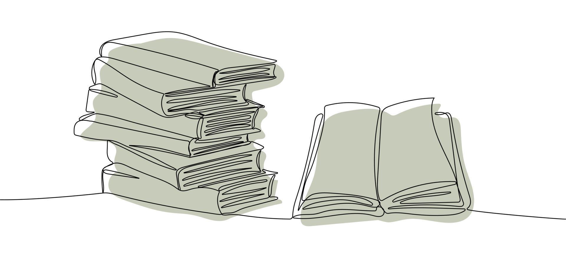 Continuous one line drawing of stack of books with open book vector