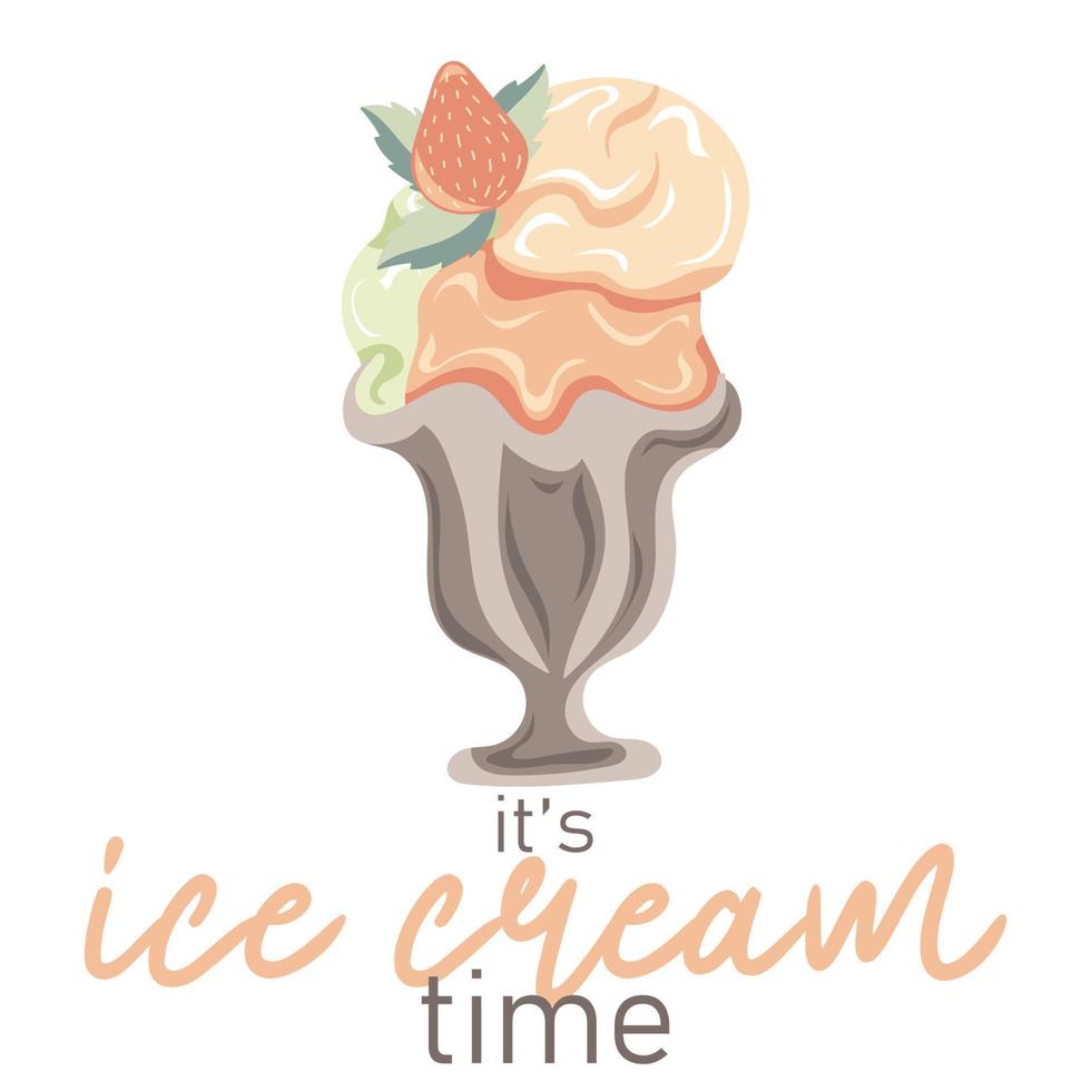 Its ice cream time. Hand drawn three scoop of ice cream with strawberry in a cup vector