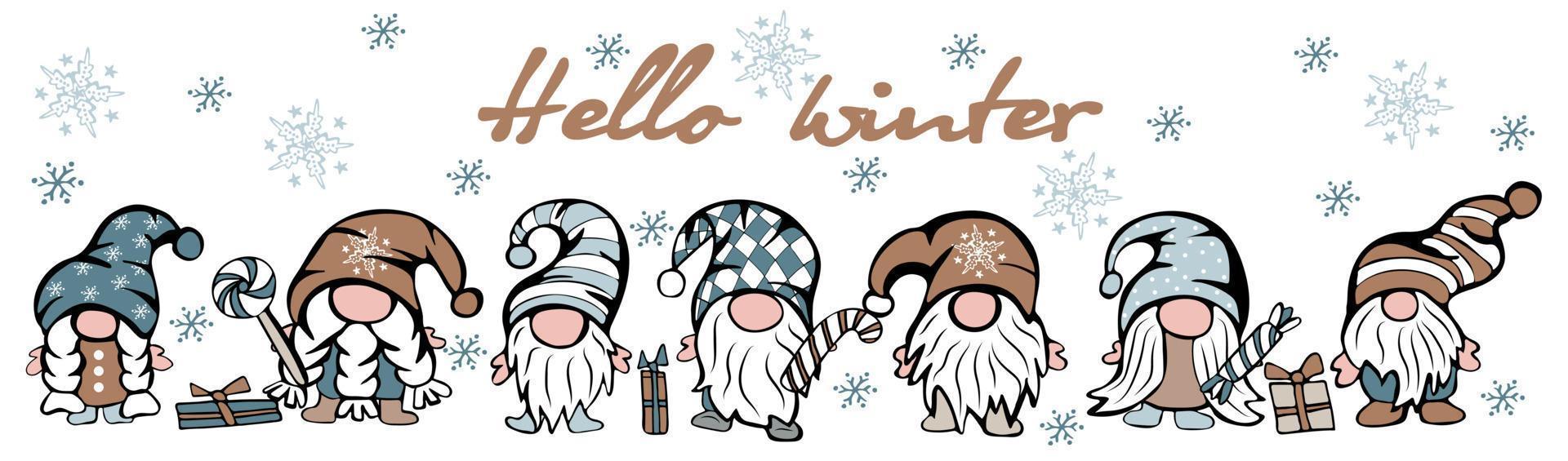 Set of cute gnomes for winter holidays with hats, gift, candies and snowflakes vector