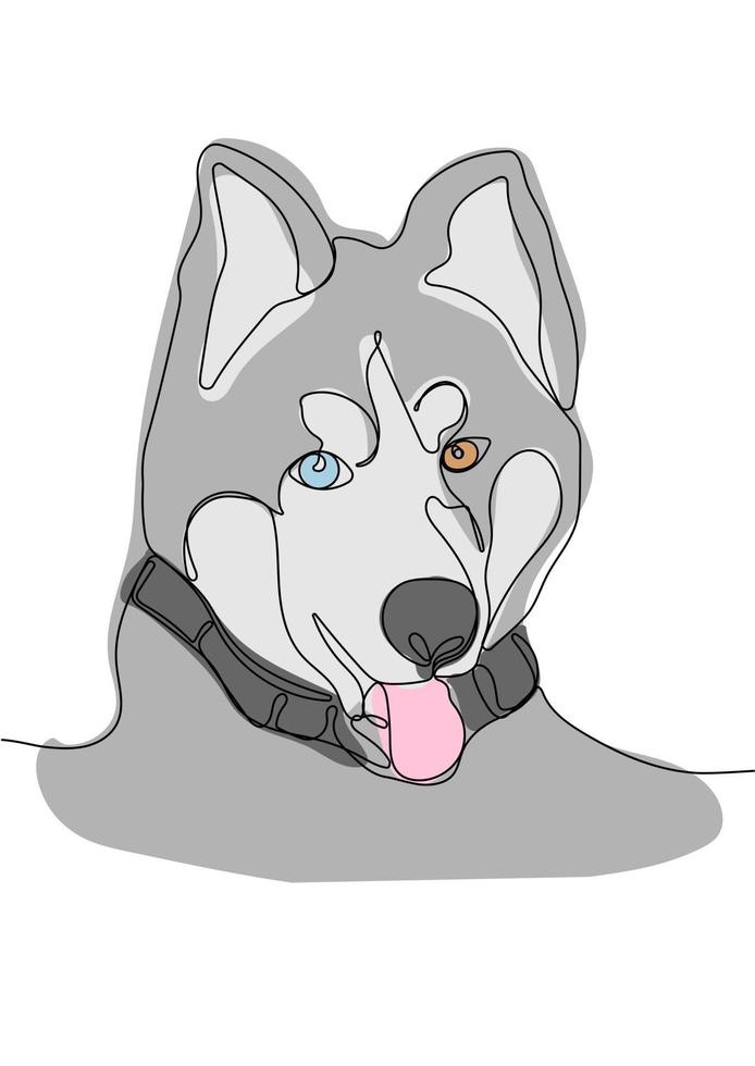 Continuous one line drawing of cute Dog Husky vector