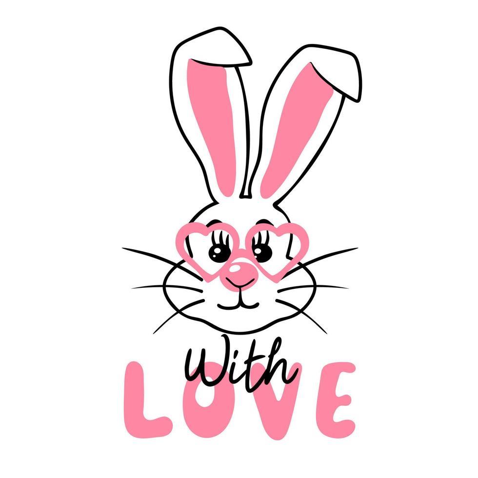 With love. Hand drawn cute rabbit with heart shaped glasses vector