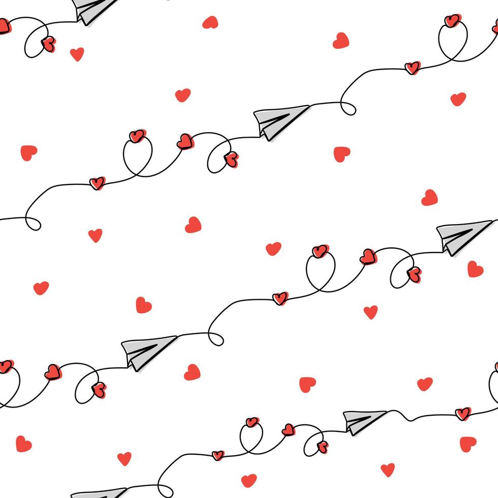 Seamless pattern with paper plane with hearts on white background vector