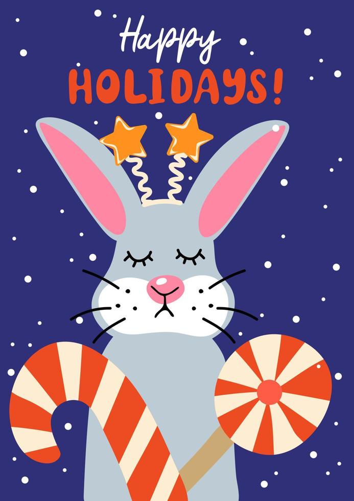 Happy holidays. Christmas card with cute cartoon rabbit and slogan. Bunny with cane candy and lollipop on snowfall background vector