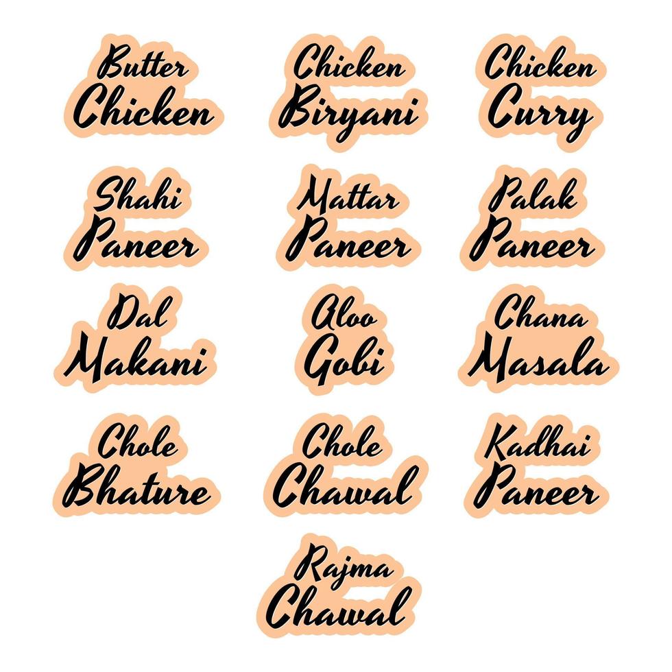 Indian Cuisines Dishes Names List Sticker Icon Design Vector, Tasty Indian Curry Butter Chicken, Shahi Panner, Rajma Chawal vector