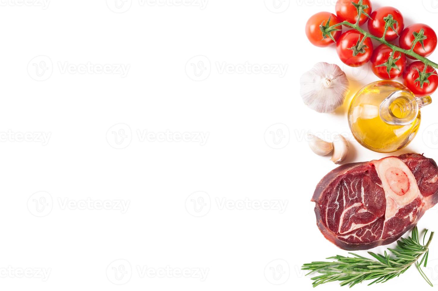 meat steak and cooking ingredients isolated on whtie background. photo