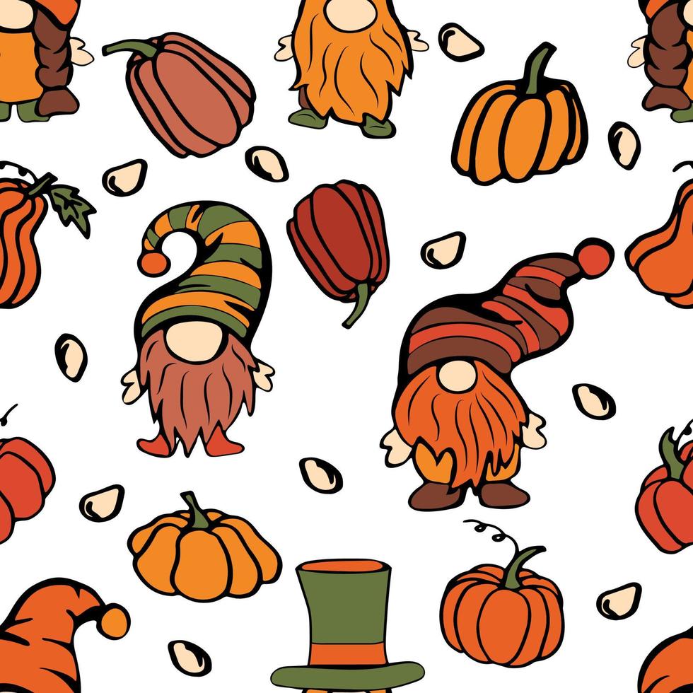 Seamless pattern with thanksgiving gnomes and pumpkins. Suitable for textile, fabric, wallpape vector