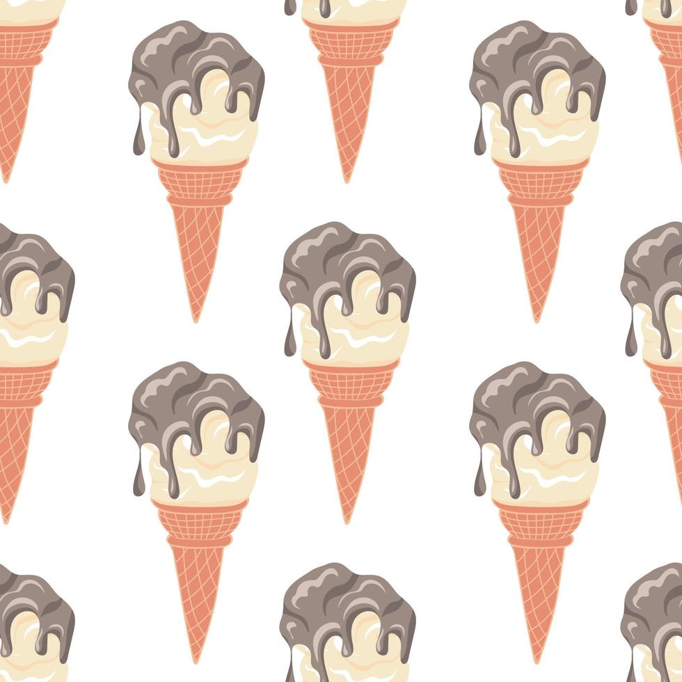 Seamless pattern with swirled soft vanilla ice cream with chocolate syrup in a waffle cone vector