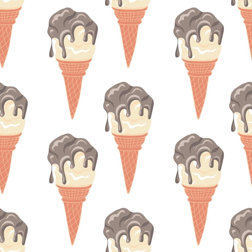 Seamless pattern with swirled soft vanilla ice cream with chocolate syrup in a waffle cone vector