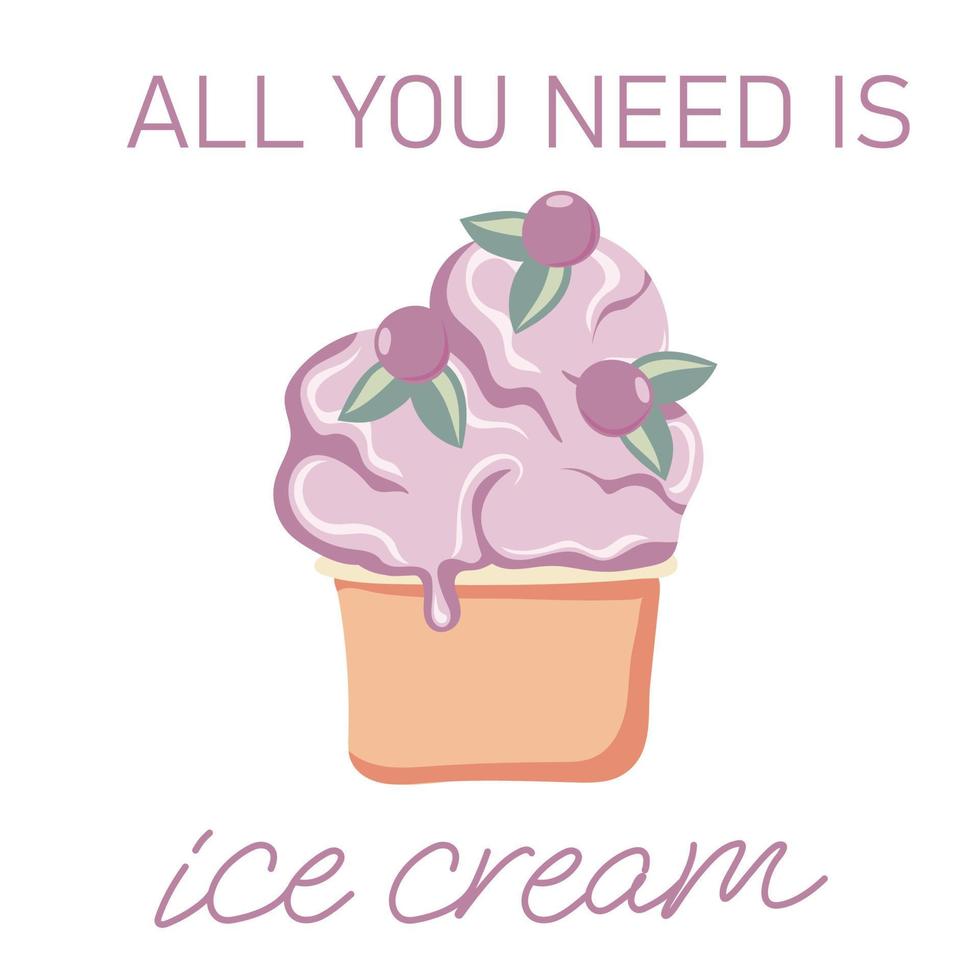 All you need is ice cream. Hand drawn three scoop of blueberry ice cream with berry in a cup vector