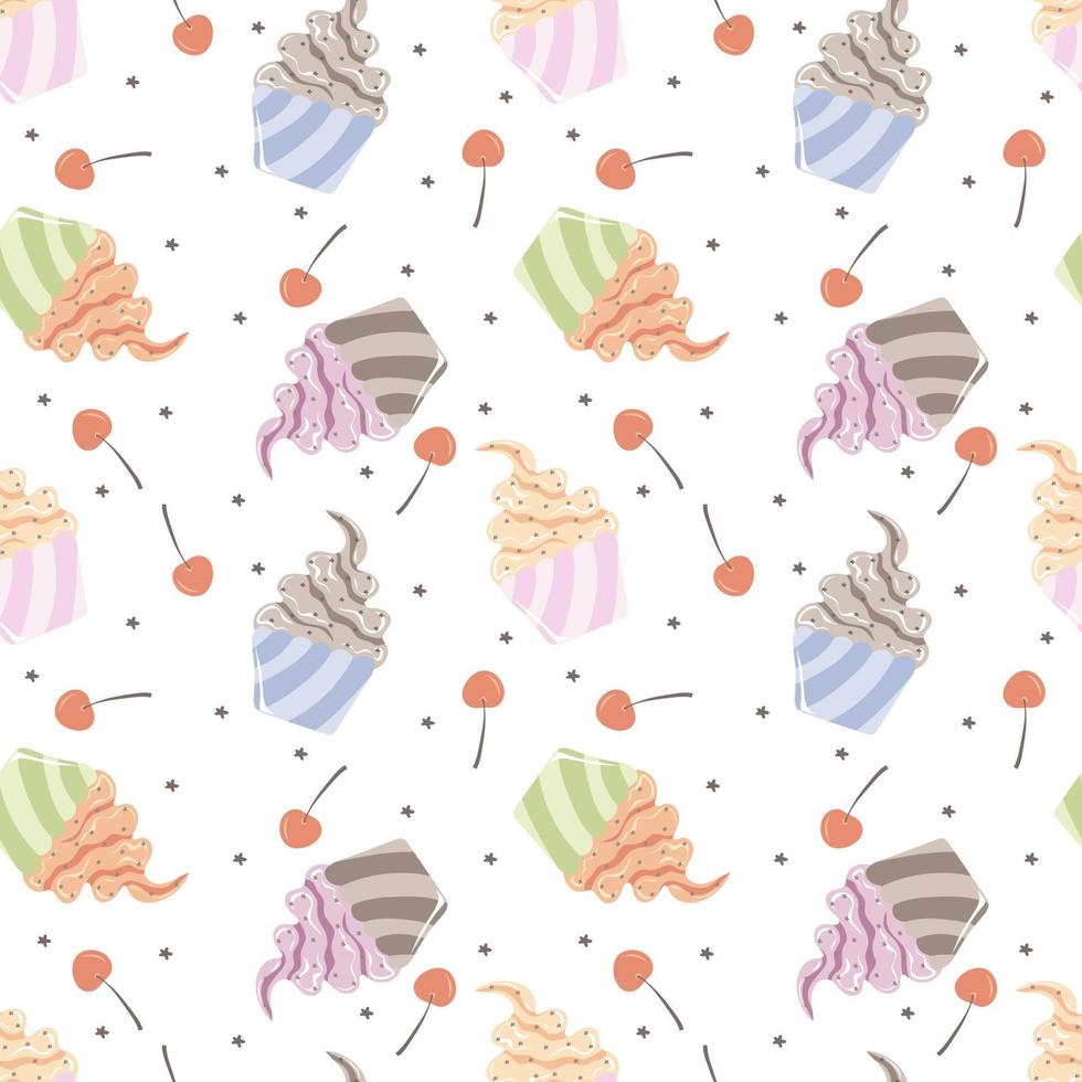 Seamless pattern with different swirled soft serve vanilla ice cream in a cup and cherries vector