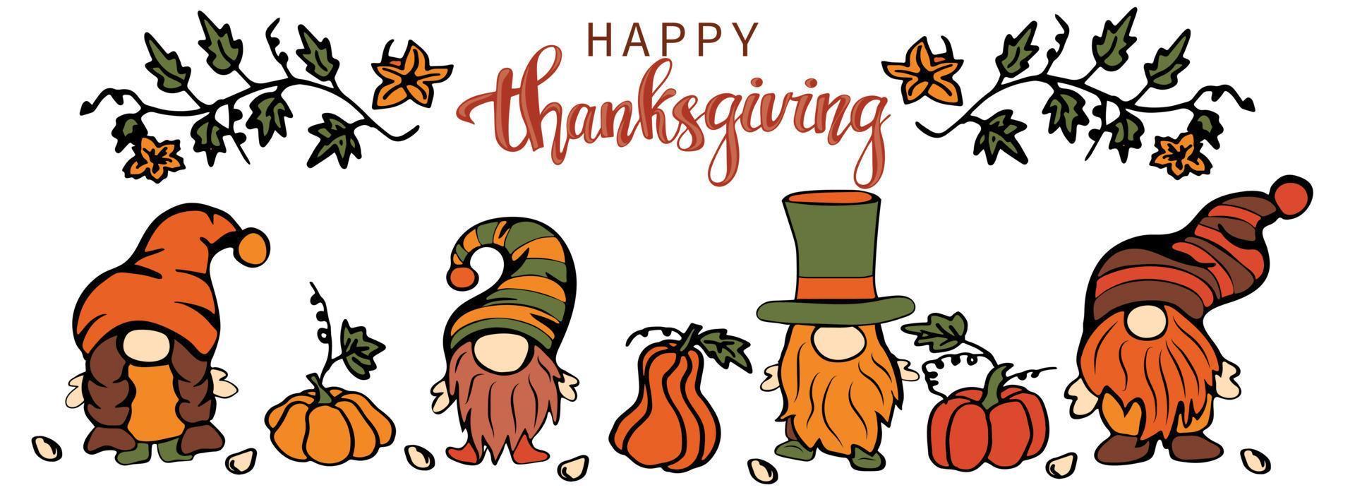 Thanksgiving gnomes with pumpkins. Cartoon hand drawn Leprechauns for cards, decor, shirt design, invitations vector