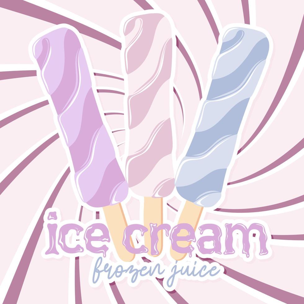 Ice cream frozen juice sticker on swirl retro background vector