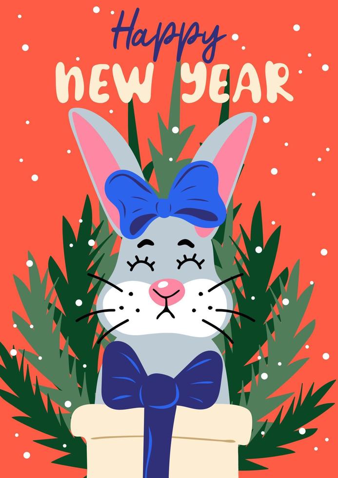 Happy new year. Holiday card with cute cartoon rabbit and slogan. Bunny with christmas tree and gift box on snowfall background vector