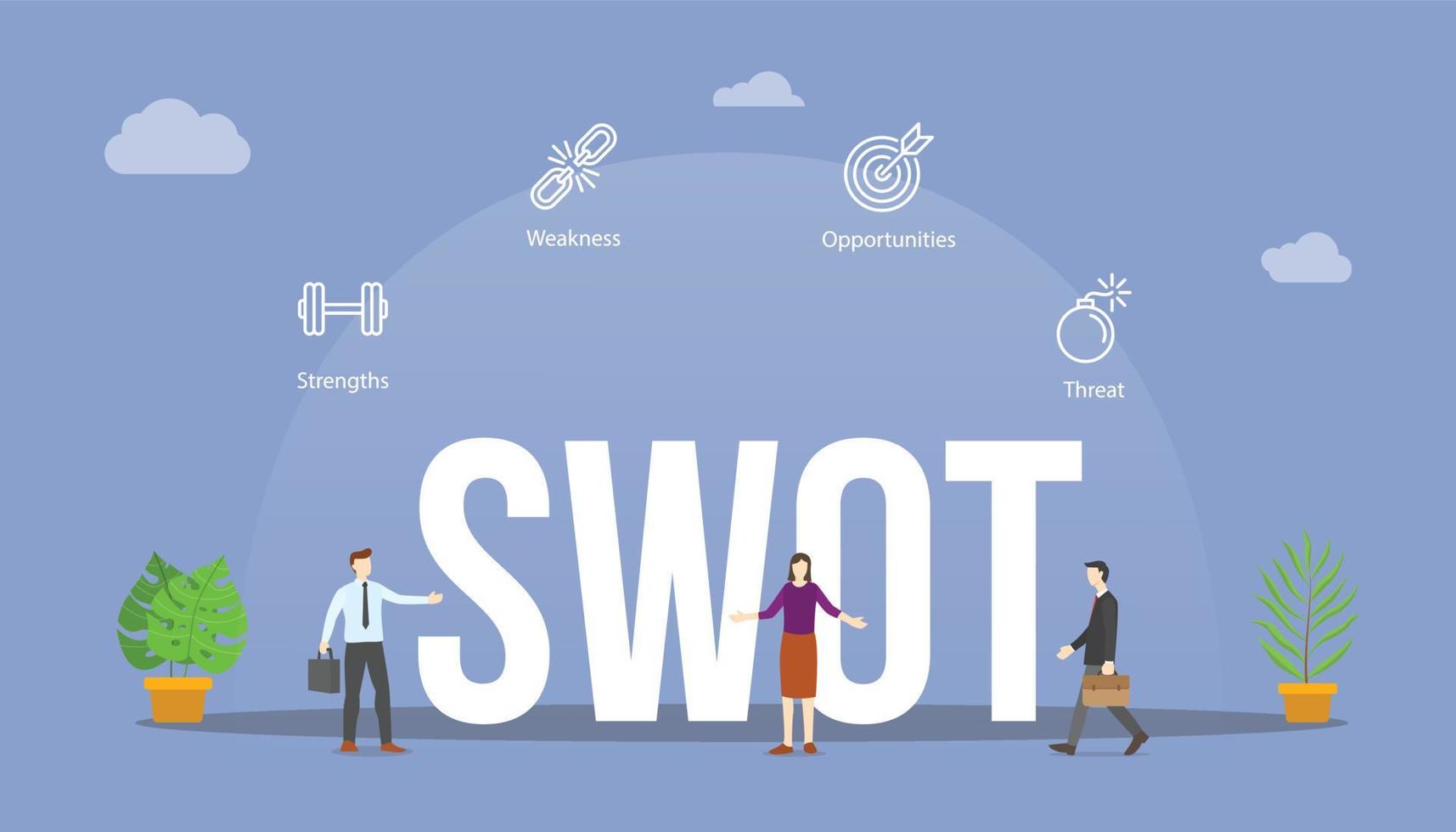 swot analysis strategic planning concept with big word text and people with related icon vector