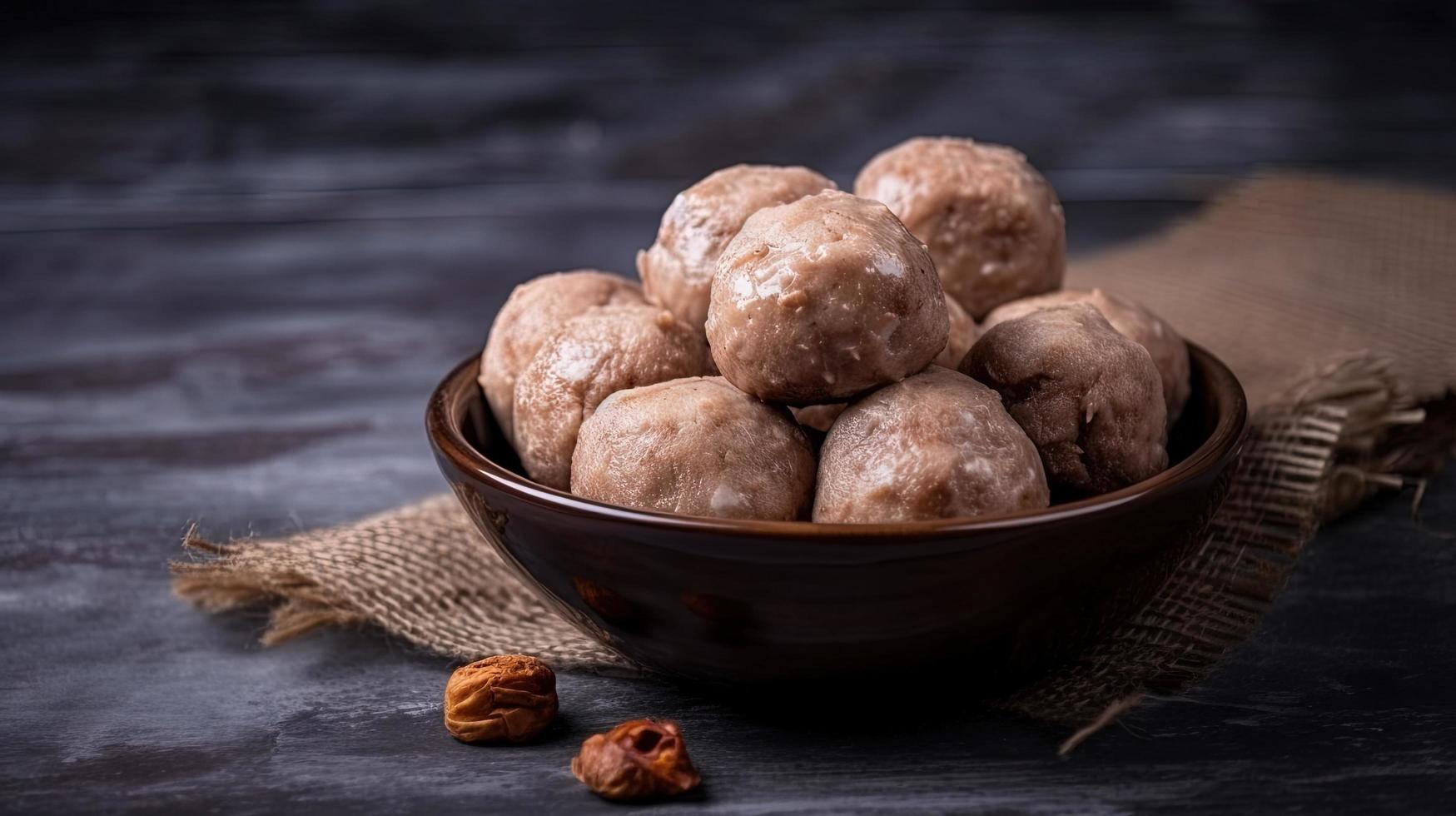 photo beef ball on the dark wooden surface