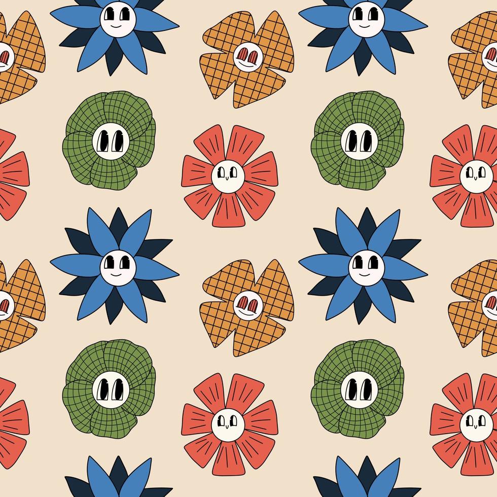 Seamless pattern with cartoon flowers in retro style, 70s, 90s. Vector illustration