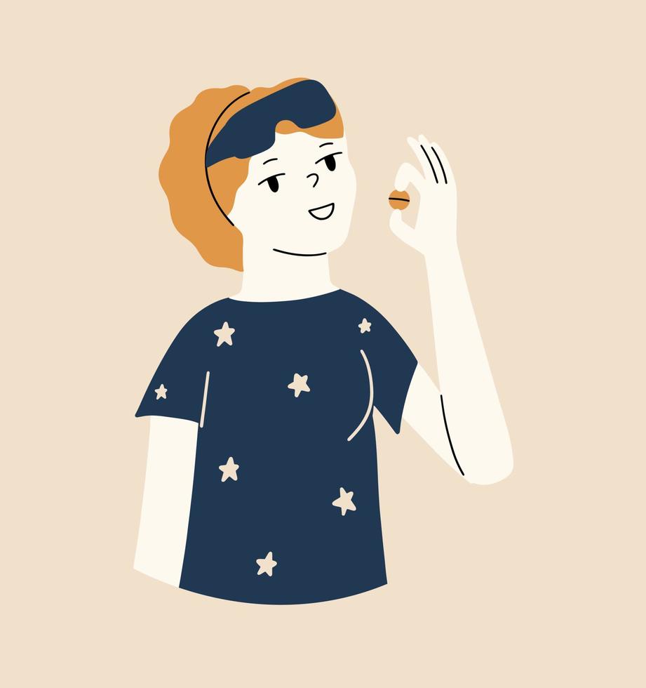 A girl in a nightgown holds a sleeping pill or magnesium in her hand. The concept of prevention of insomnia, anxiety disorders. Vector illustration in flat style