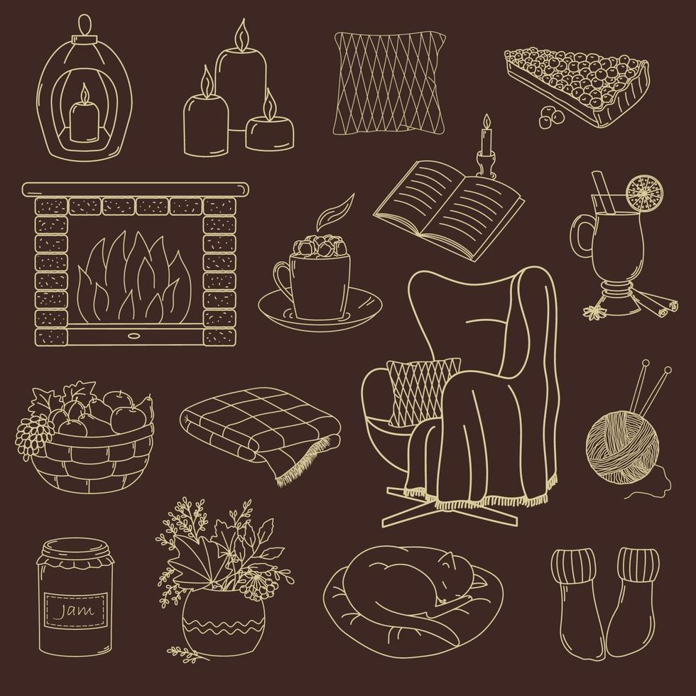 Cozy home. Set of 16 vector elements in doodles style