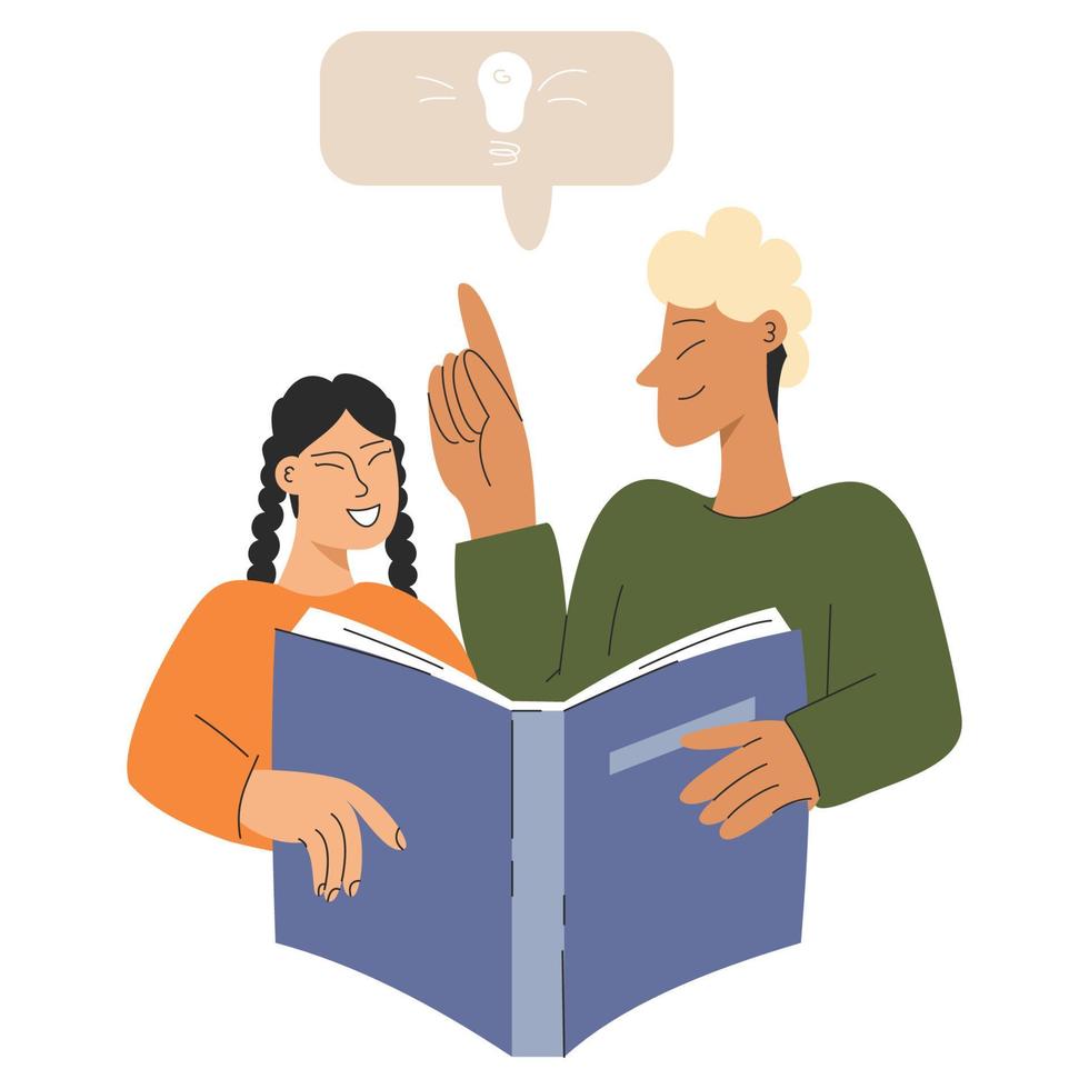 The girl is reading a book with father. The teacher explains a new topic to the girl. Study concept vector