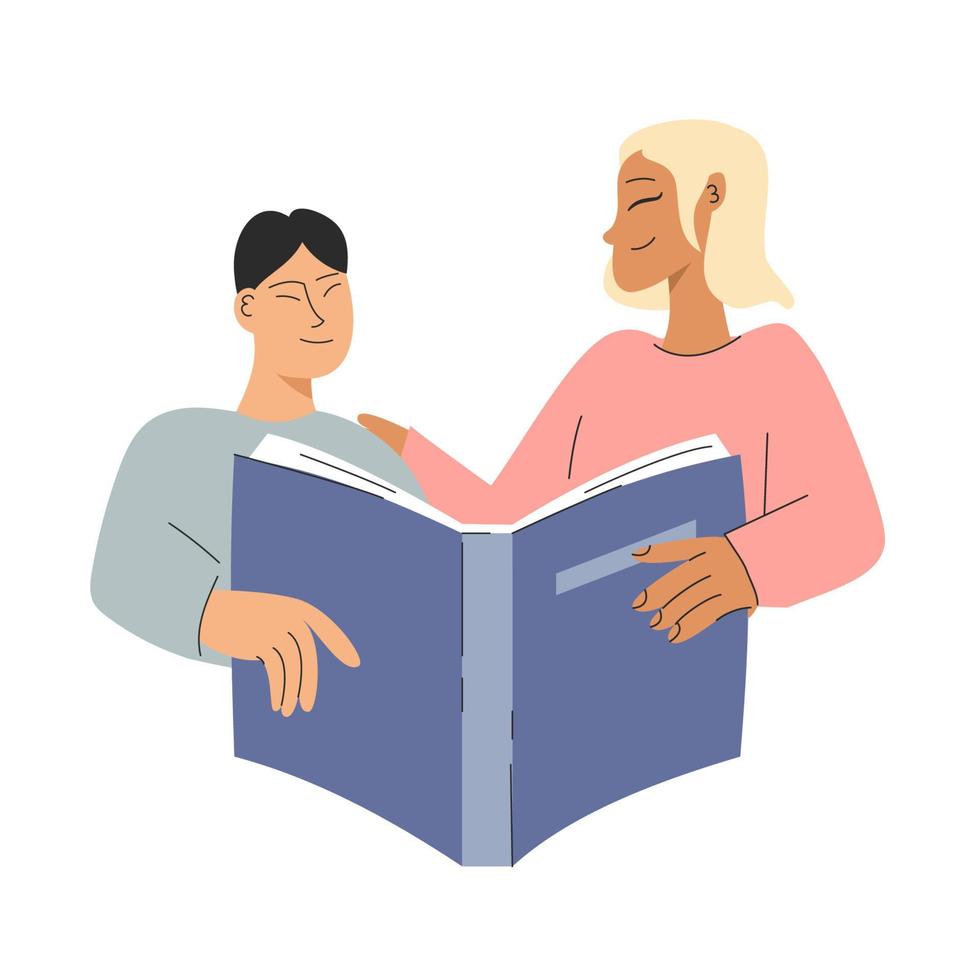 Mother teaches lessons with son. The teacher explains the material to the student. Study concept vector illustration