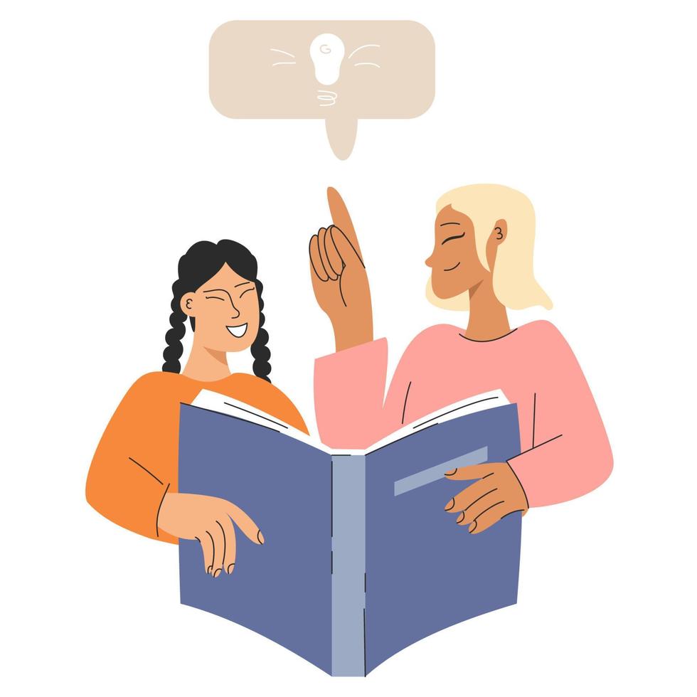 A mother reads a book with her daughter. The teacher explains the new material to the student. Study concept vector illustration