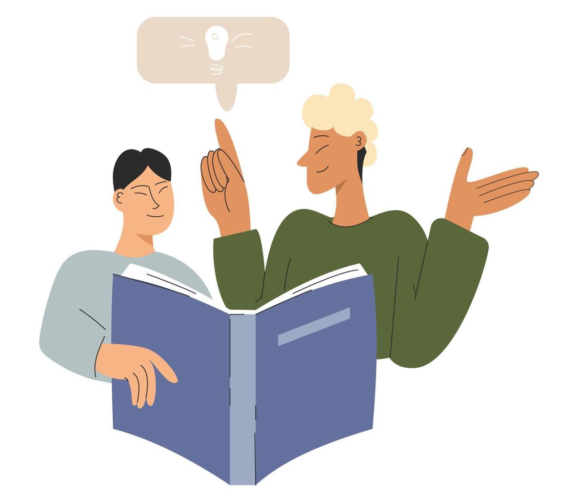 A father reads a book with son. The teacher explains the new material to the student. Study concept vector