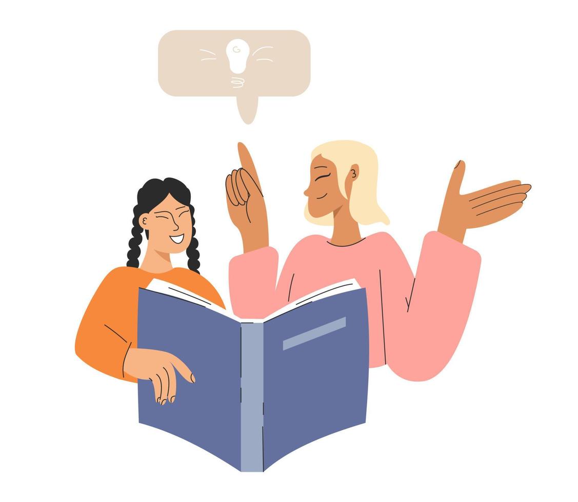 A mother reads a book with her daughter. The teacher explains the new material to the student. Study concept vector illustration