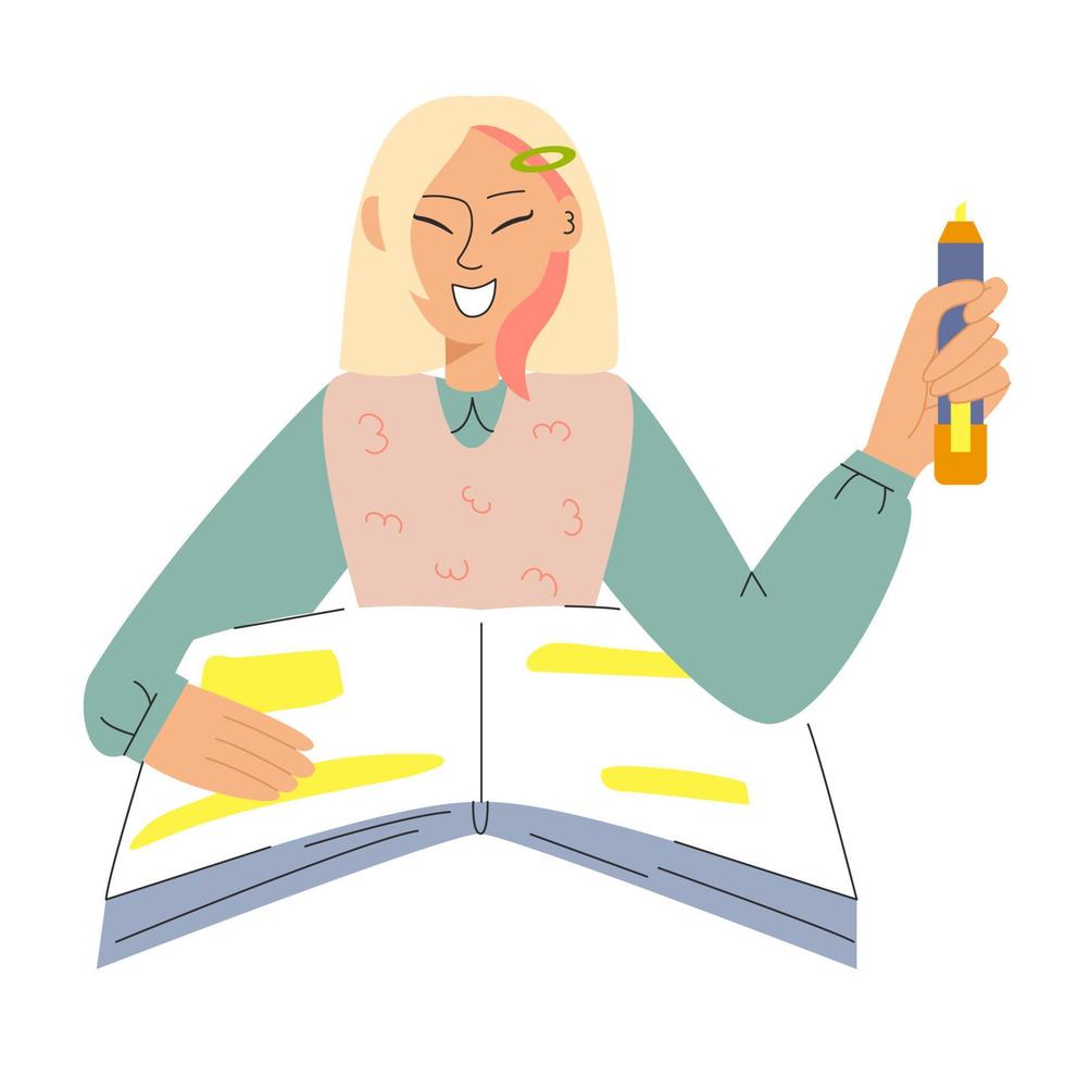 The girl makes notes in a notebook with a marker. Study concept vector