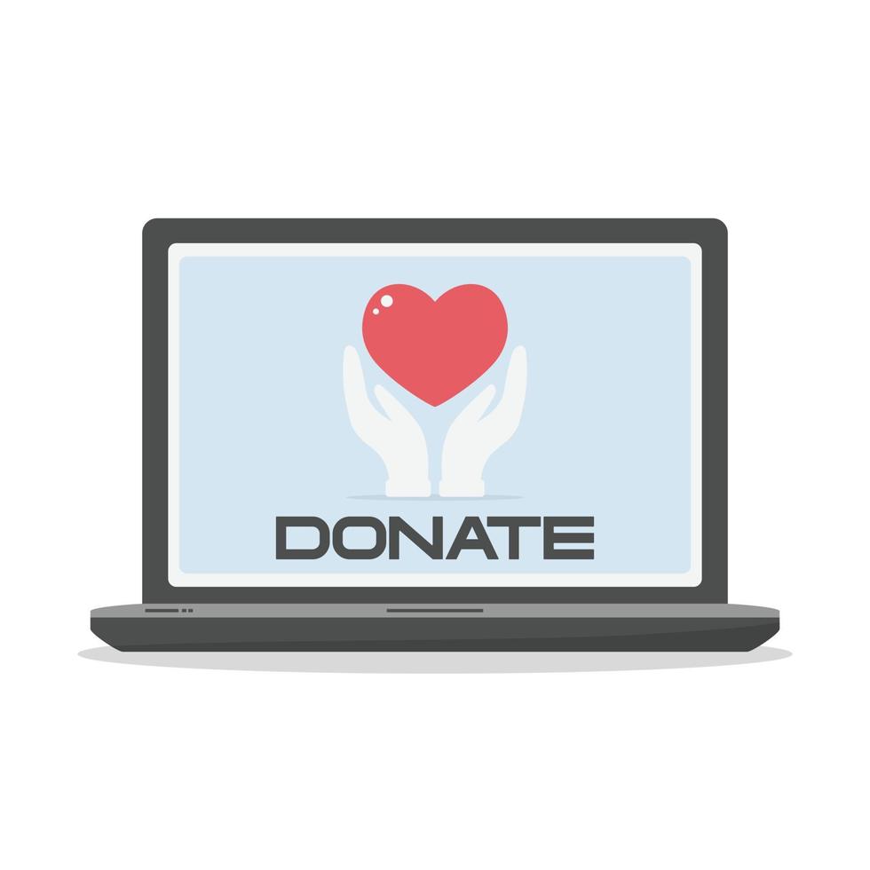 Make donations. Online donations. Isolated laptop with quick online donation page. Help concept. Vector illustration.