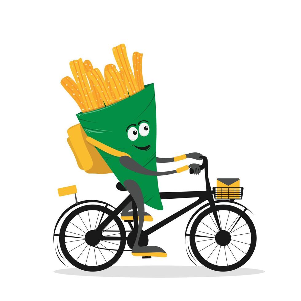 Delivery service composition with cute churros courier biker cartoon character. Churros courier on bike or scooter. Flat vector illustration