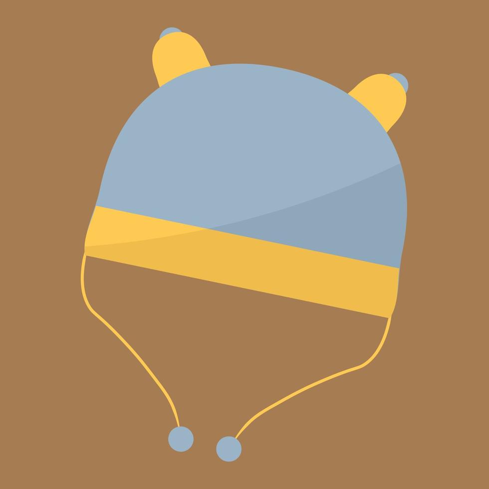 vector ilustración de amarillo y azul bebé gorra con corbatas aislado en biege antecedentes. mano dibujo de un ute punteado capó sombrero para recién nacido bebé.