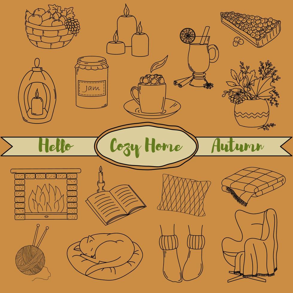 Cozy home. Set of 16 vector elements in doodles style