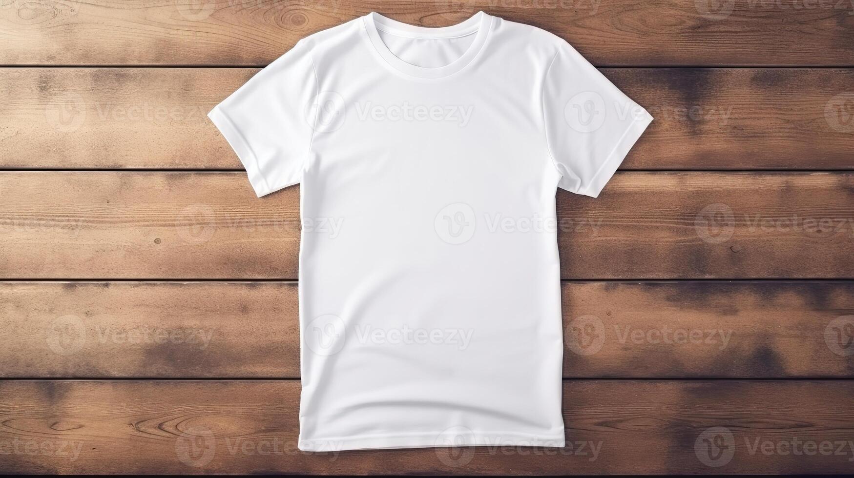 , Realistic white T-Shirt mock up blank on wood background for presentation advertising. Blank business concept photo