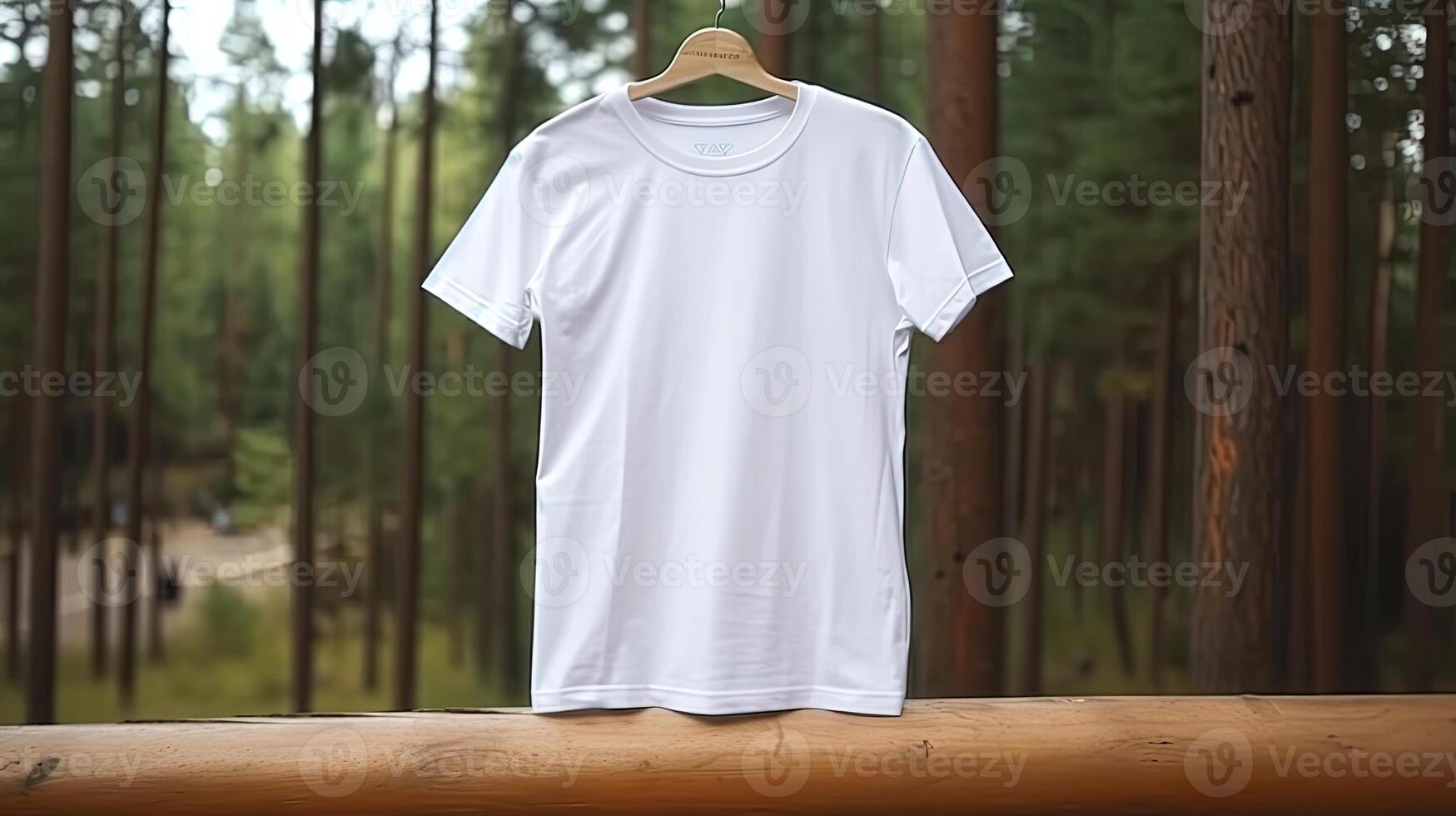 , Realistic white T-Shirt mock up blank on background with plants for presentation advertising. Blank business concept, camping, outdoor and forest photo
