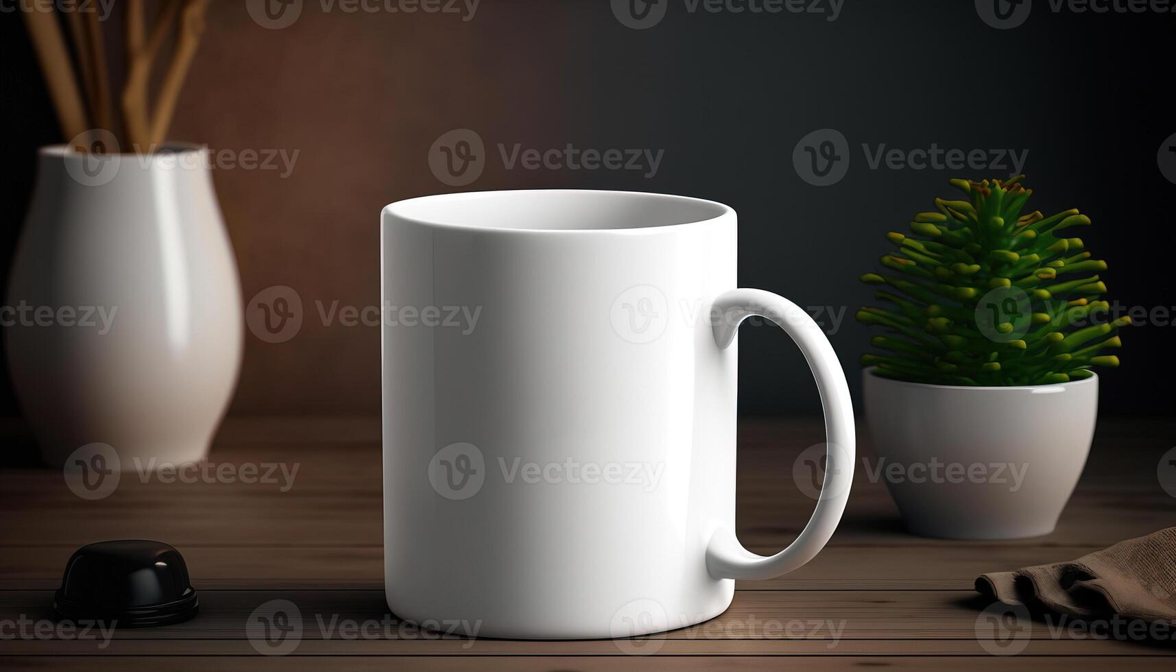 , Realistic white ceramic cup set-up in at home interior, mug mock up blank. Photorealistic illustration photo