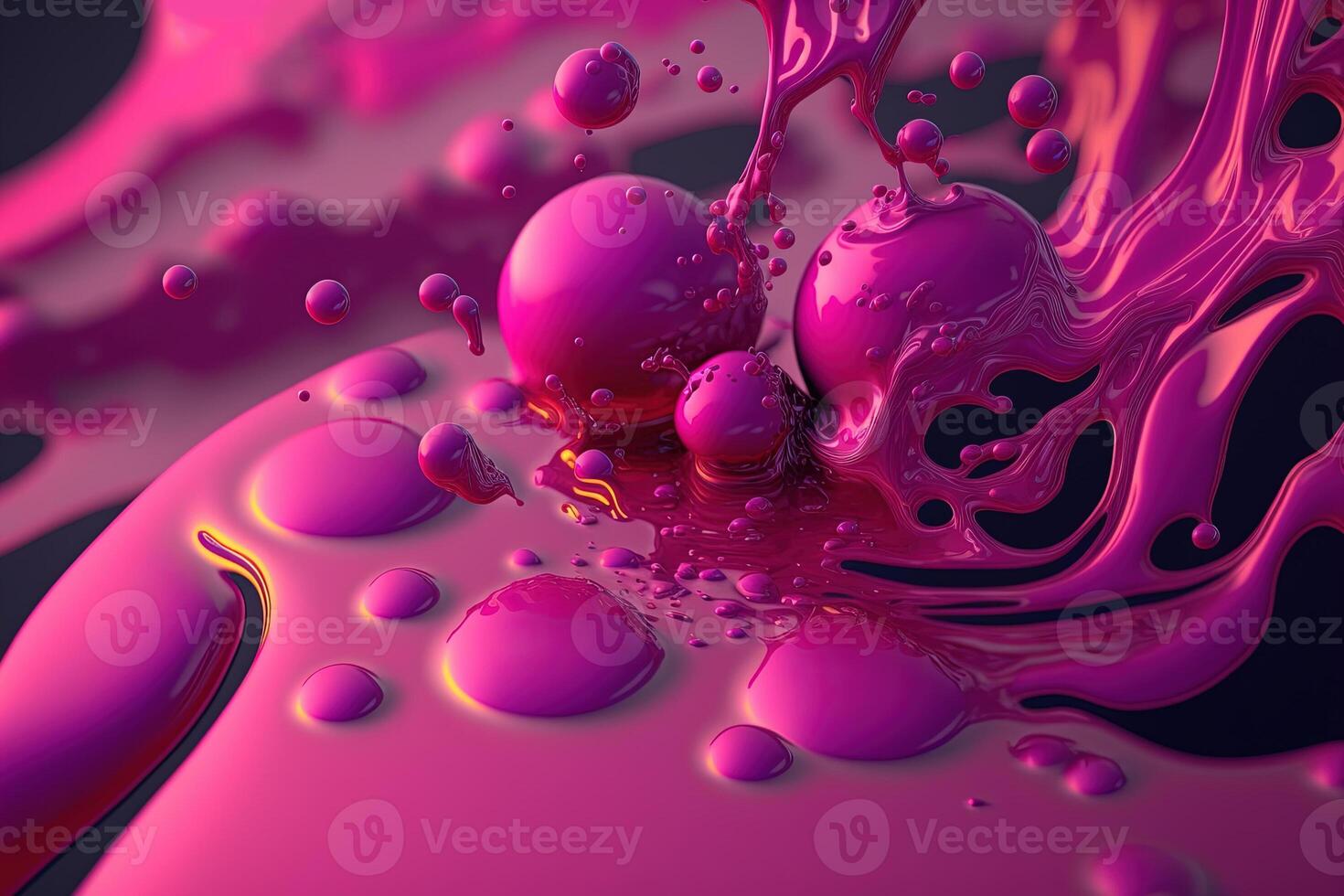 , Flowing liquid with splashes in magenta color. Glossy pink fluid banner, 3D effect, modern macro photorealistic abstract background illustration. photo
