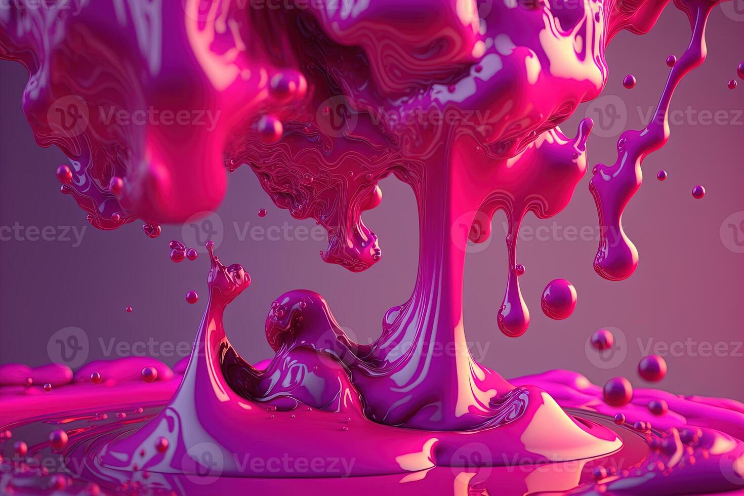 , Flowing liquid with splashes in magenta color. Glossy pink fluid banner, 3D effect, modern macro photorealistic abstract background illustration. photo