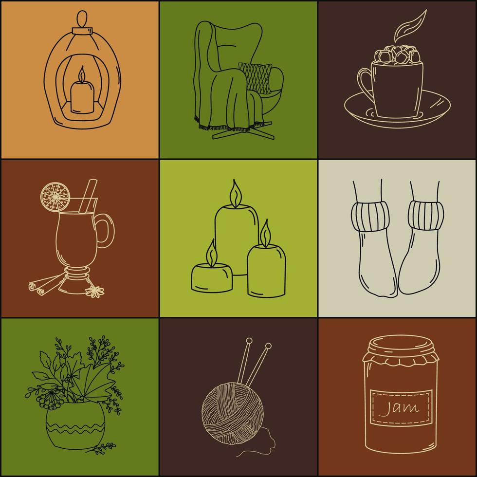 Cozy home. Set of 9 vector elements in doodles style