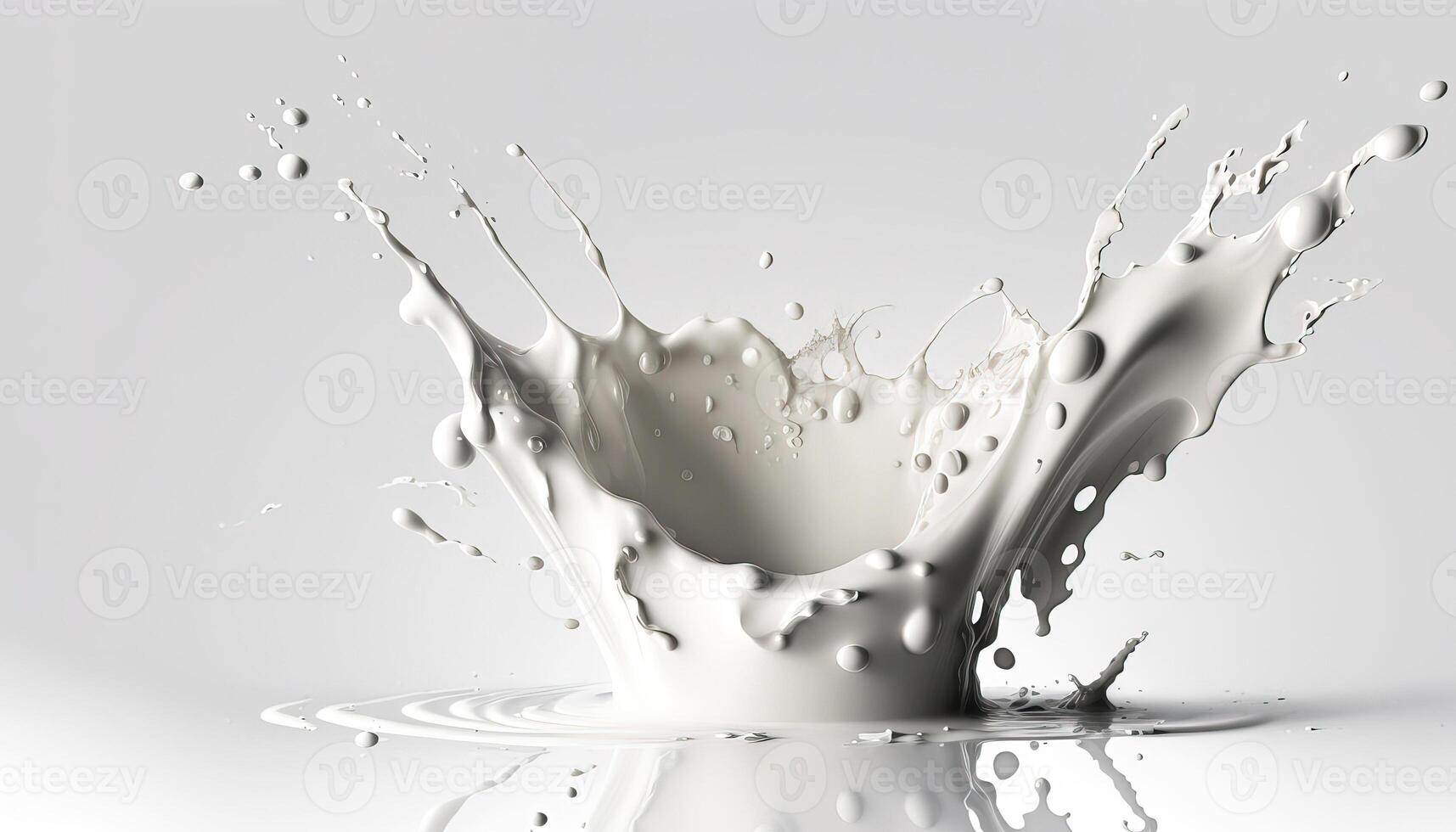 , Flowing liquid with splashes in white color. Glossy creamy milk fluid banner, 3D effect, modern macro photorealistic abstract background illustration. photo