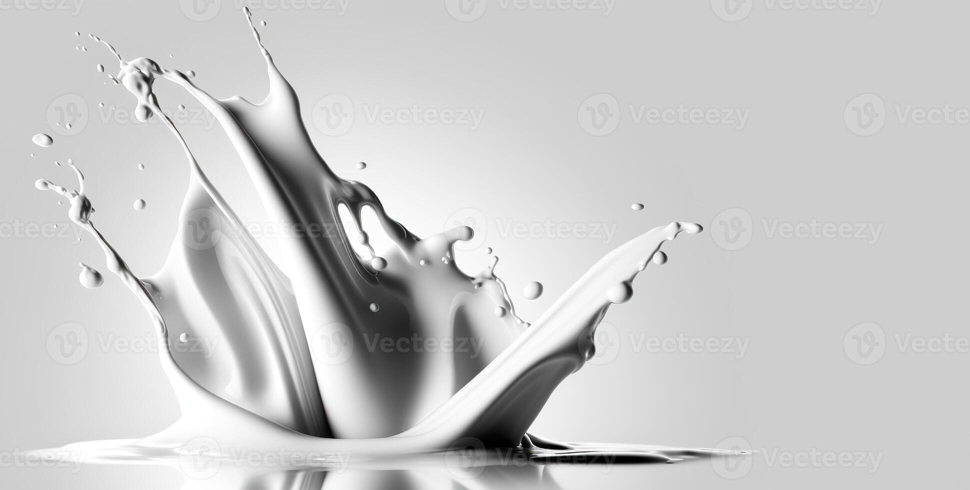 , Flowing liquid with splashes in white color. Glossy cream milk fluid banner, 3D effect, modern macro photorealistic abstract background illustration. photo