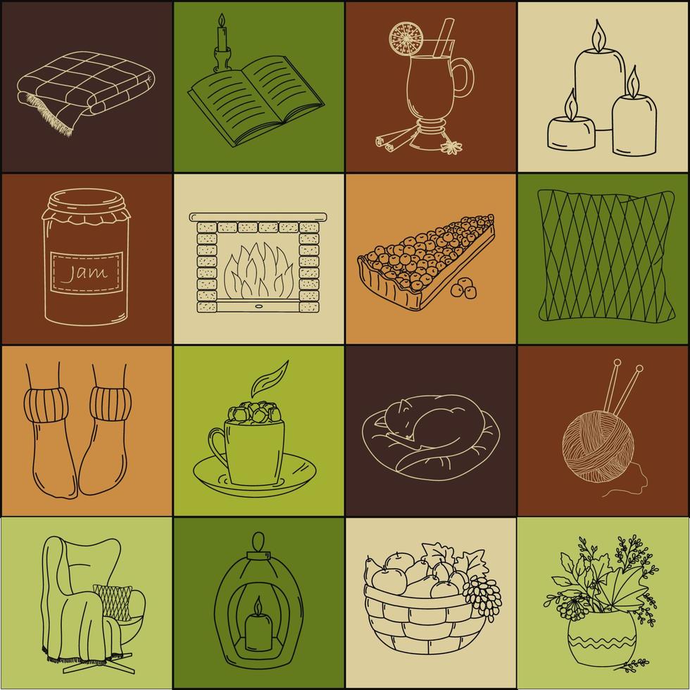 Cozy home. Set of 16 vector elements in doodles style
