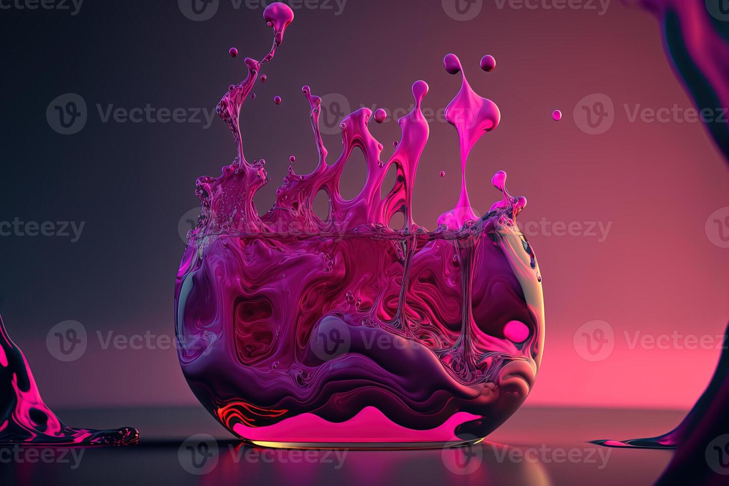 , Flowing liquid with splashes in magenta color. Glossy pink fluid banner, 3D effect, modern macro photorealistic abstract background illustration. photo