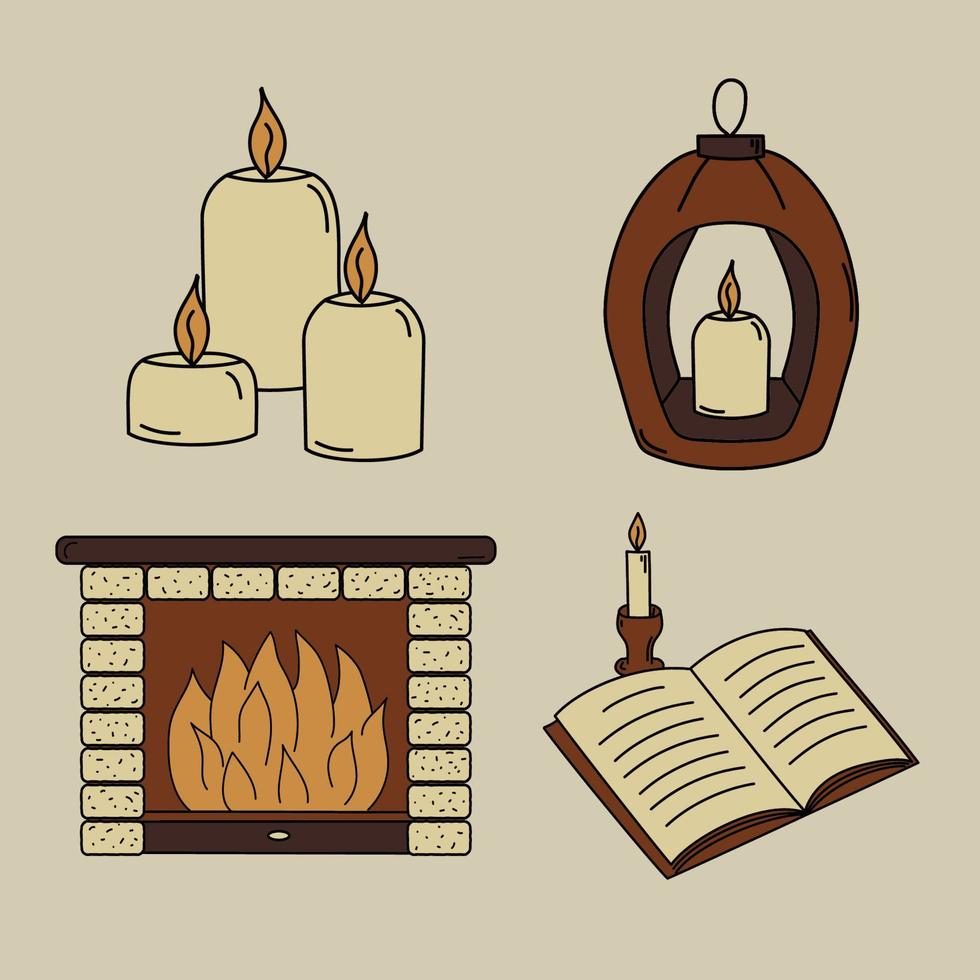 Fireside. Set of 4 vector doodle style elements